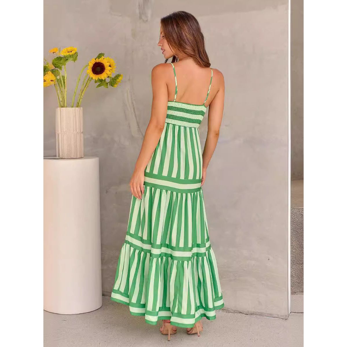 Summer Striped Printed Suspender Long Dress