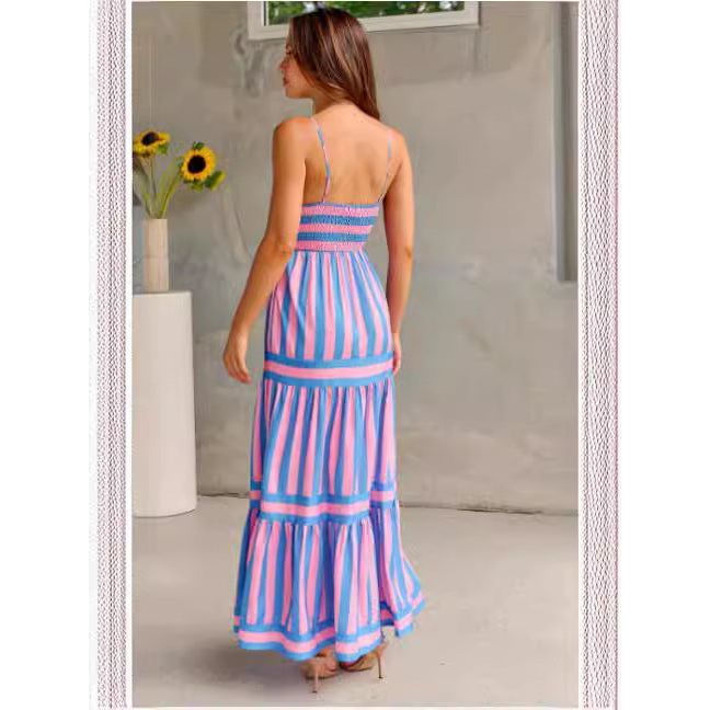 Summer Striped Printed Suspender Long Dress